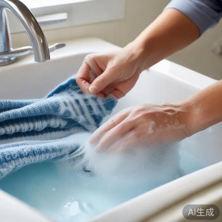 检查污渍，轻柔洗涤毛衣