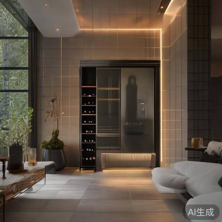 红酒柜配灰砖，自然优雅家居