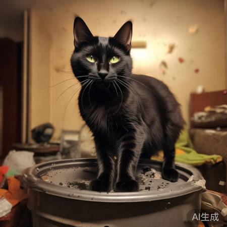 恶猫翻垃圾桶，家中一团糟